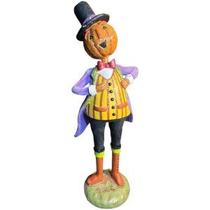 Folk Art Pumpkin Figurine in Flocked Suit Halloween Whimsical 15" tall x 6" wide